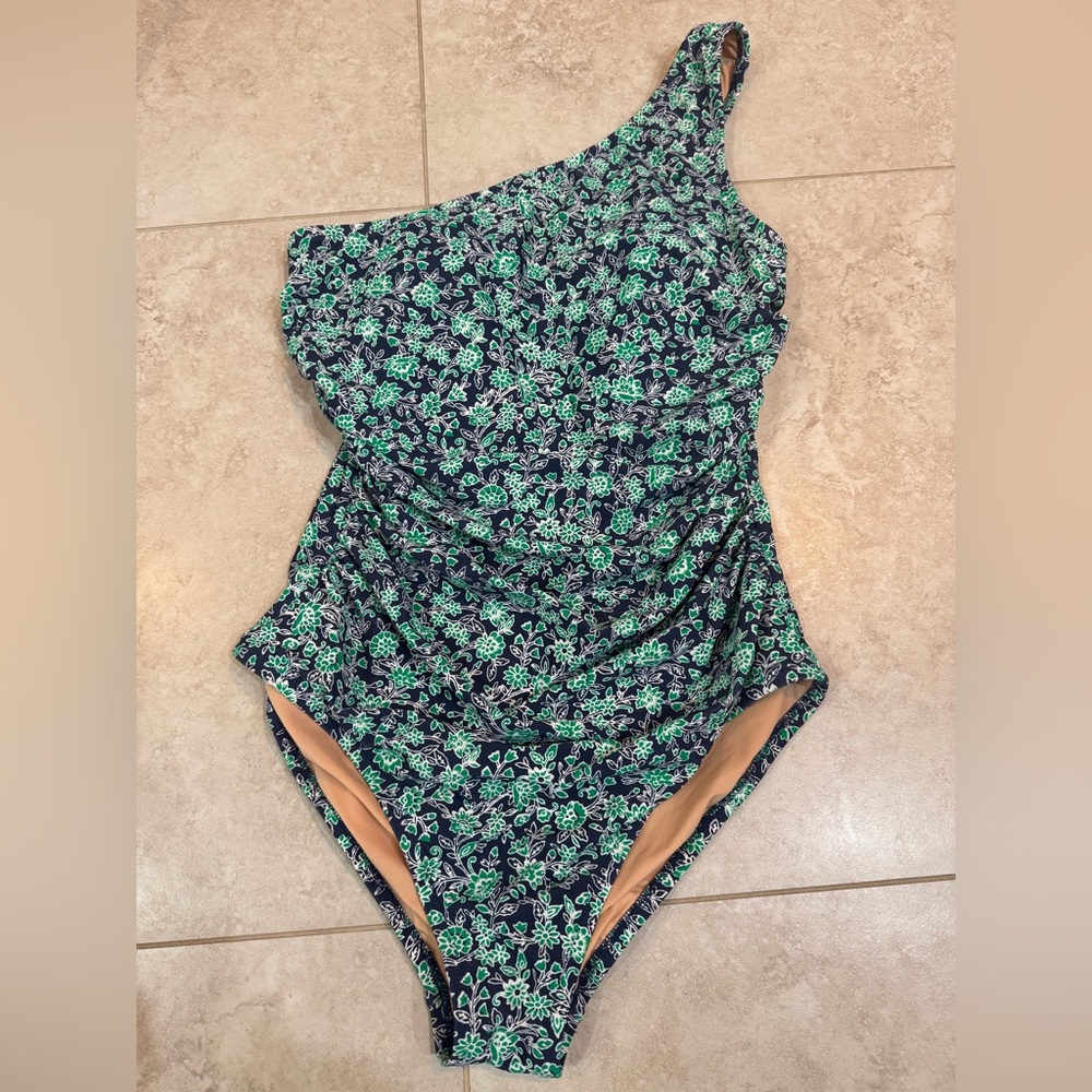 J. Crew Green Floral One-Shoulder Swimsuit with Ruched Belly size medium